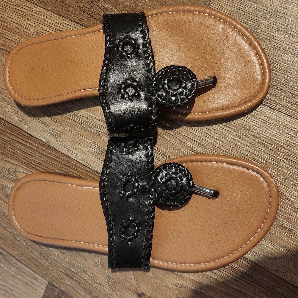 Black and Tan Leather Sandals with Floral Embellishment